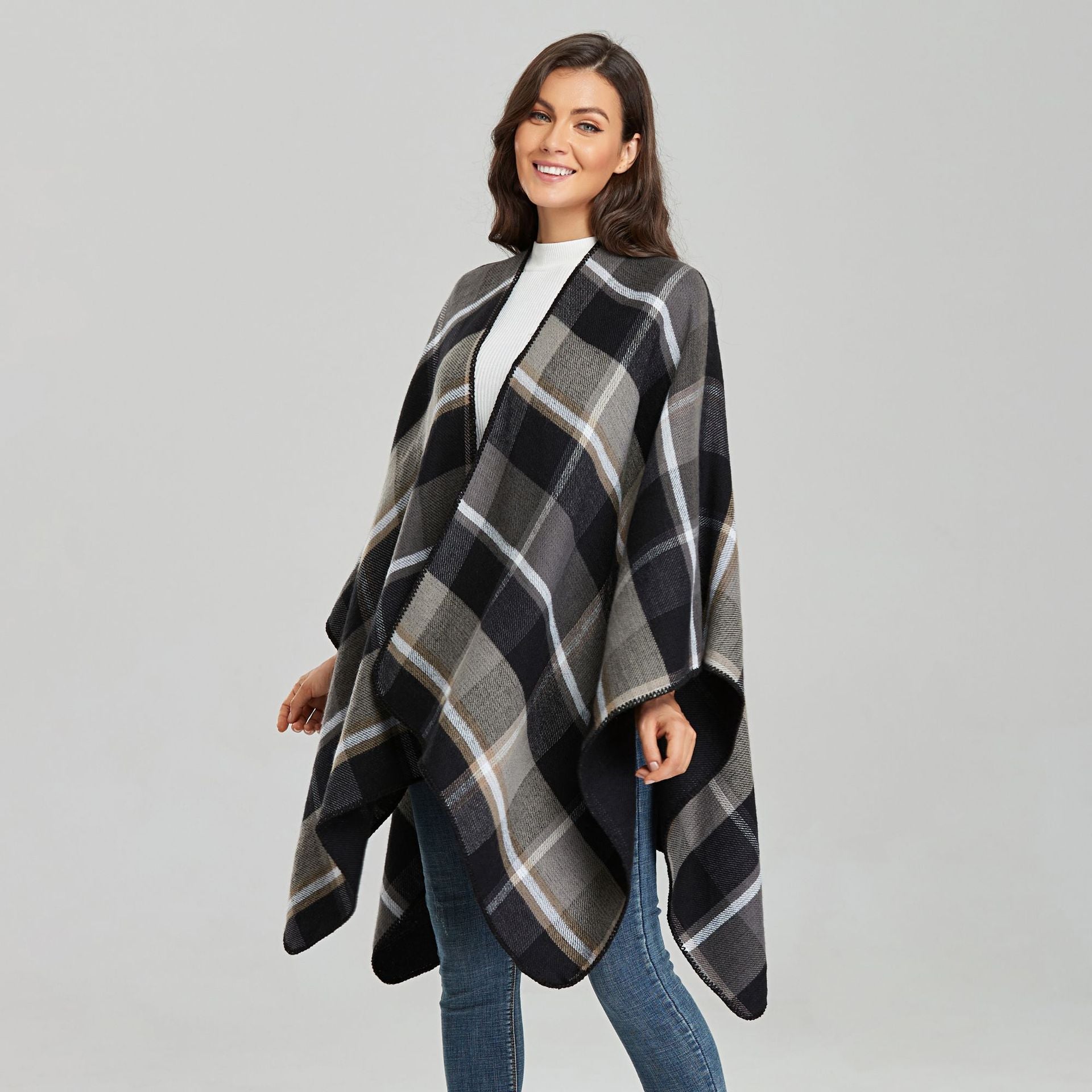 Châle Poncho En Crochet Pour Femme - Coton, 160x100 Cm - Nœud Avant, Style Coréen - Beige, Uni
